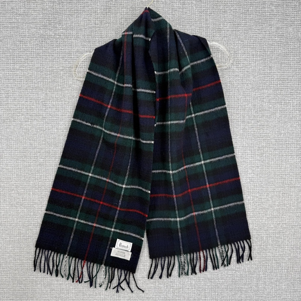 Harrods Scarf Mens One Size Blue Green Tartan Plaid‎ 100% Cashmere Scotland